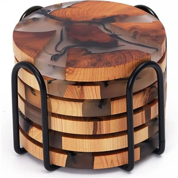 Wooden Resin Drink Coasters Set of 6 with Holder Absorbent Coffee Table Decor - Picture 7 of 7